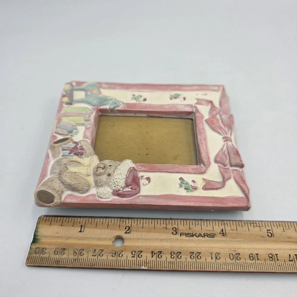 Vtg Teddy Bear Christmas Hat CandyCanes RockingHorse Child's Picture Frame Resin